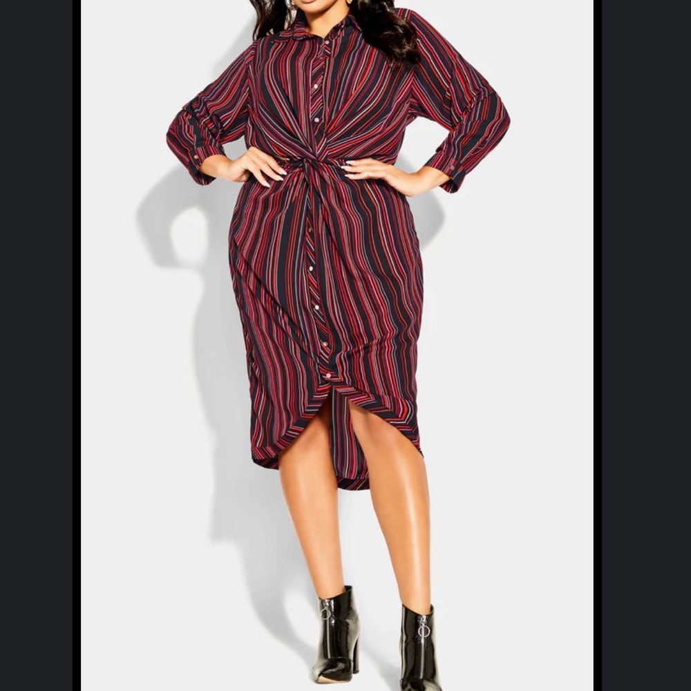 City Chic Burgundy and Black Striped Twist-Front Midi Shirt Dress
